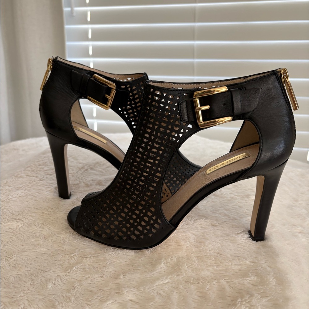 Louise et Cie Peep Toe Black and Gold Heeled Sandals